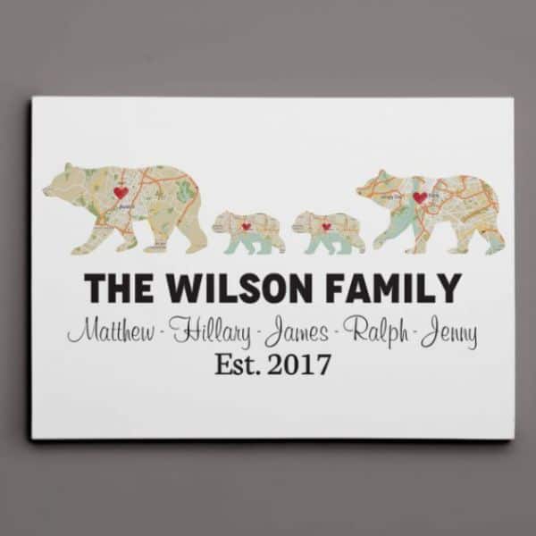 Family Christmas Gifts: Bear Family Retro Map Custom Canvas Print