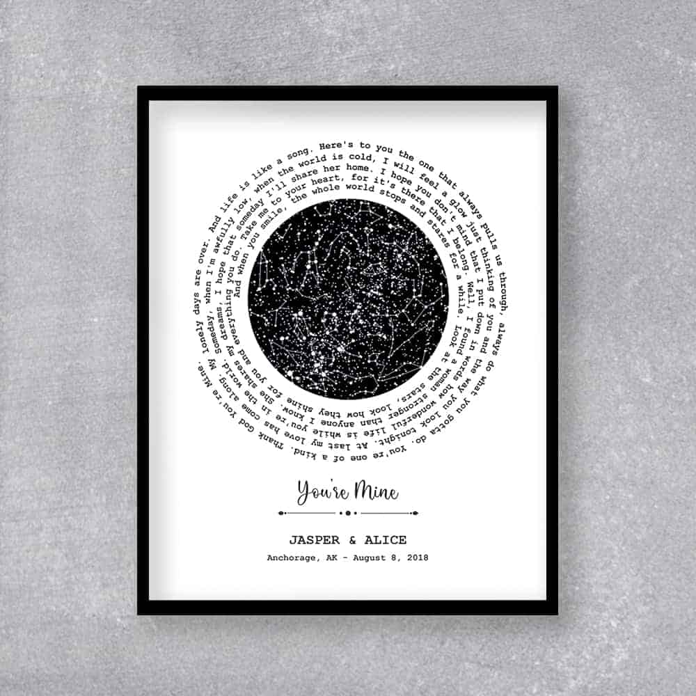 Custom Star Map And Spiral Song Lyrics Framed Print 