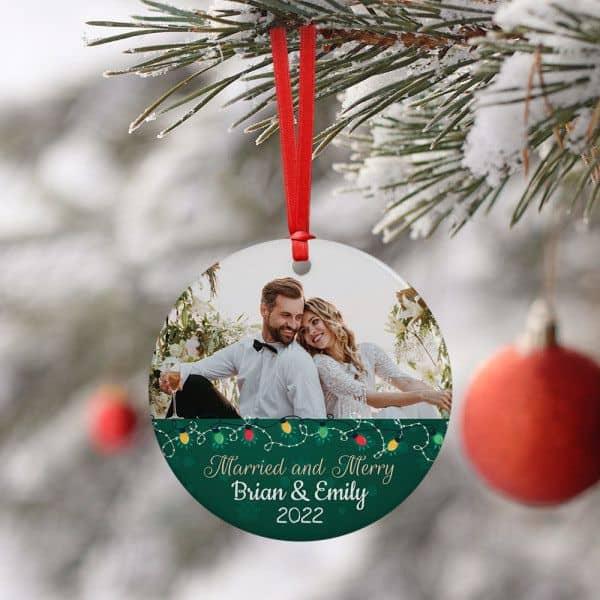 cute Christmas gifts for couples: Married and Merry Photo Christmas Ornament