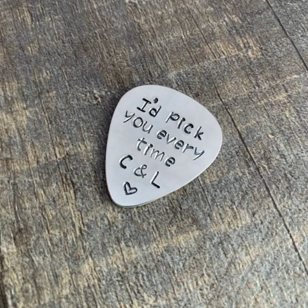 long distance valentines day gifts for him: I’d Pick You Every Time Hand Stamped Guitar Pick
