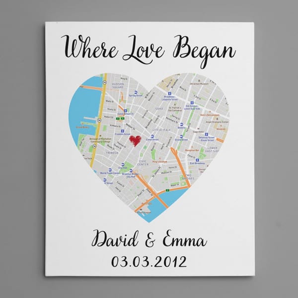 Valentines Day gifts for her: Custom One Heart Map Art Canvas Print
