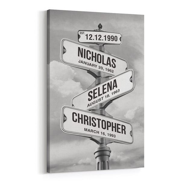 Black and White Family Street Sign Custom Canvas Print: Gifts For Girlfriend’s Parents