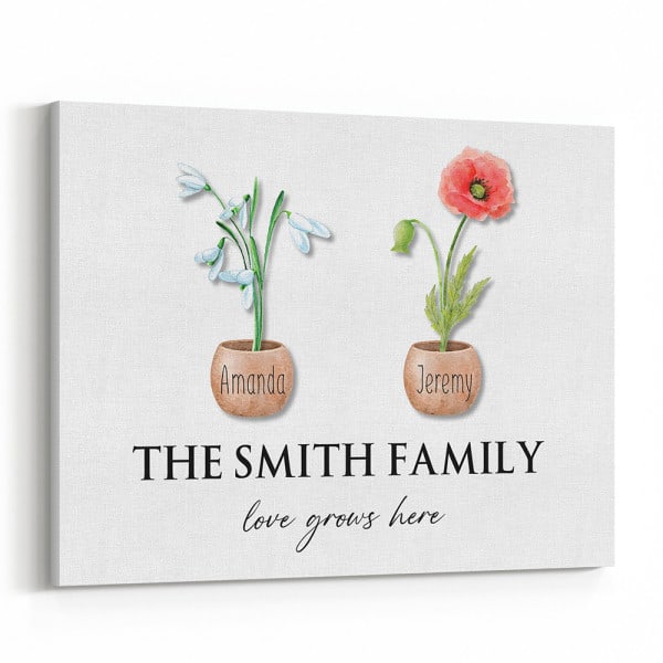 Family Birth Month Flowers Love Grows Here Canvas Print: gift ideas for girlfriends parents