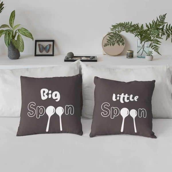 a couple pillow set with the words big spoon little spoon