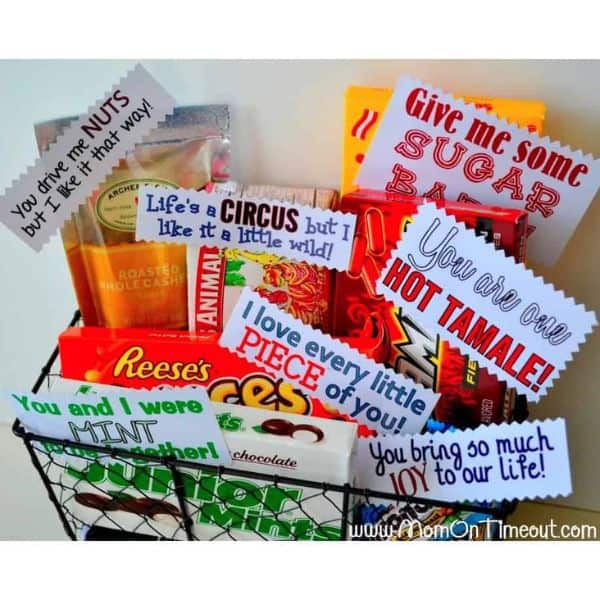 a sweet anniversary gift basket with funny wordings