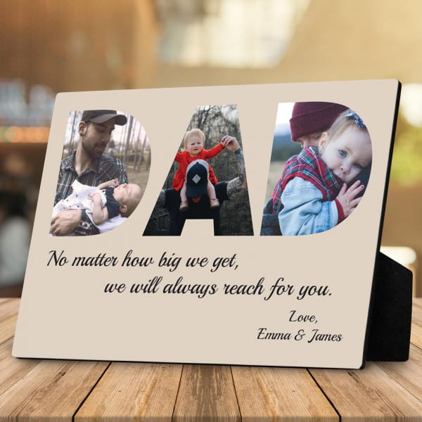 a desktop photo plaque with photos and messages to dad