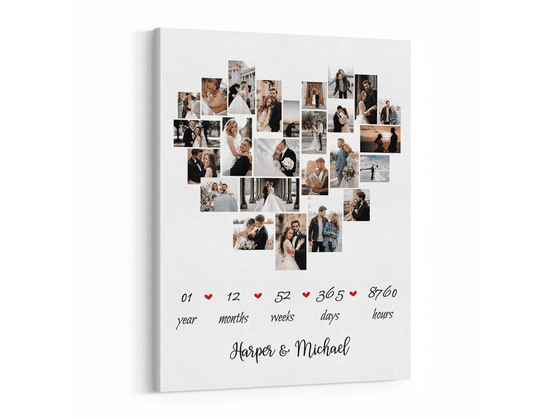 a heart shaped photo collage canvas print 1 year dating gift for boyfriend