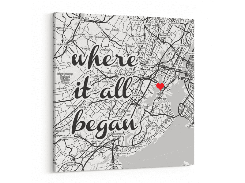 6 month anniversary gift for him: Where It All Began Map Wall Art Retro Style Custom Canvas Print