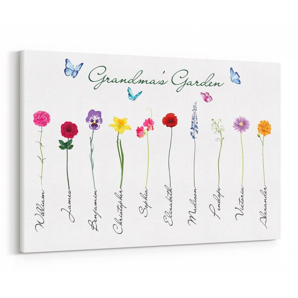 Grandma’s Garden Canvas Print with Kids’ Birth Month Flowers and Names - gifts for 60 year old woman