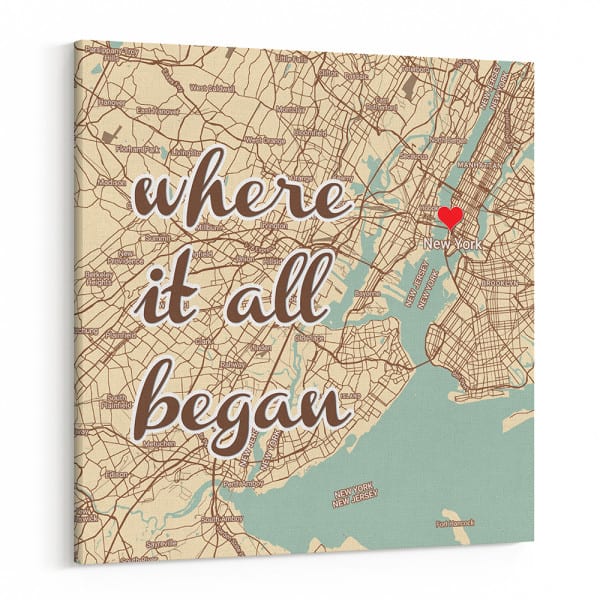 Gift for son's girlfriend: Where It All Began Map Wall Art Retro Style Custom Canvas Print