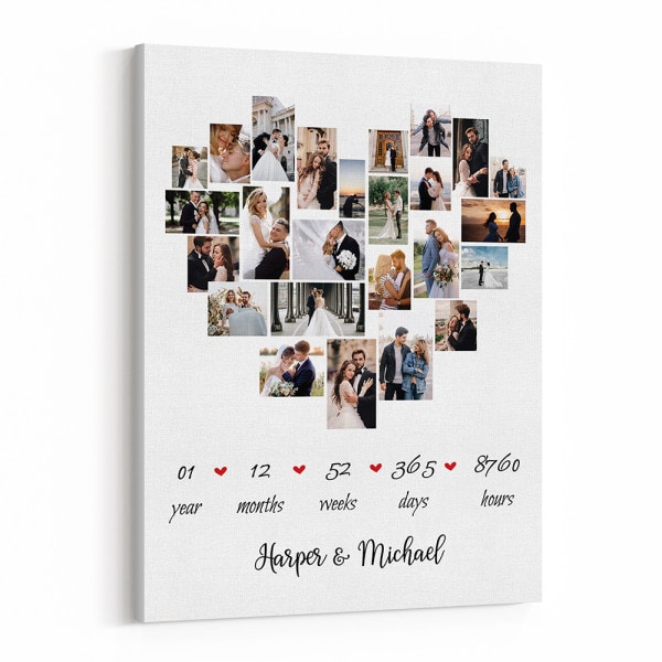 1 Year Anniversary Heart Shaped Photo Collage Canvas Print - best Christmas gift for girlfriend