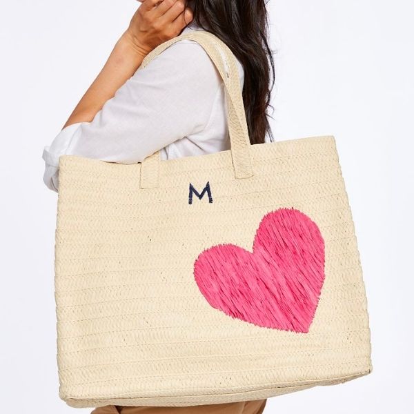 Heart Embroidered Oversized Straw Beach Tote