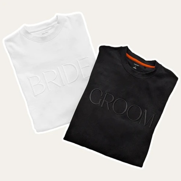 Useful wedding gifts for bride from groom: BRIDE + GROOM Embroidered Sweatshirts Bundle