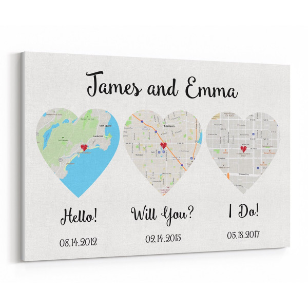 Thoughtful wedding gifts for bride from groom “Hello – Will You – I Do” Map Canvas Print