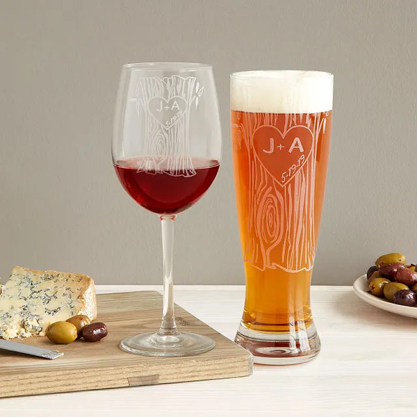 Practical wedding gifts for bride from groom: Personalized Tree Trunk Glassware Duo