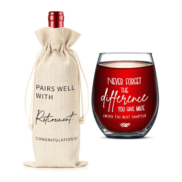 Useful retirement gifts for women: Retirement wine glass and gift bag